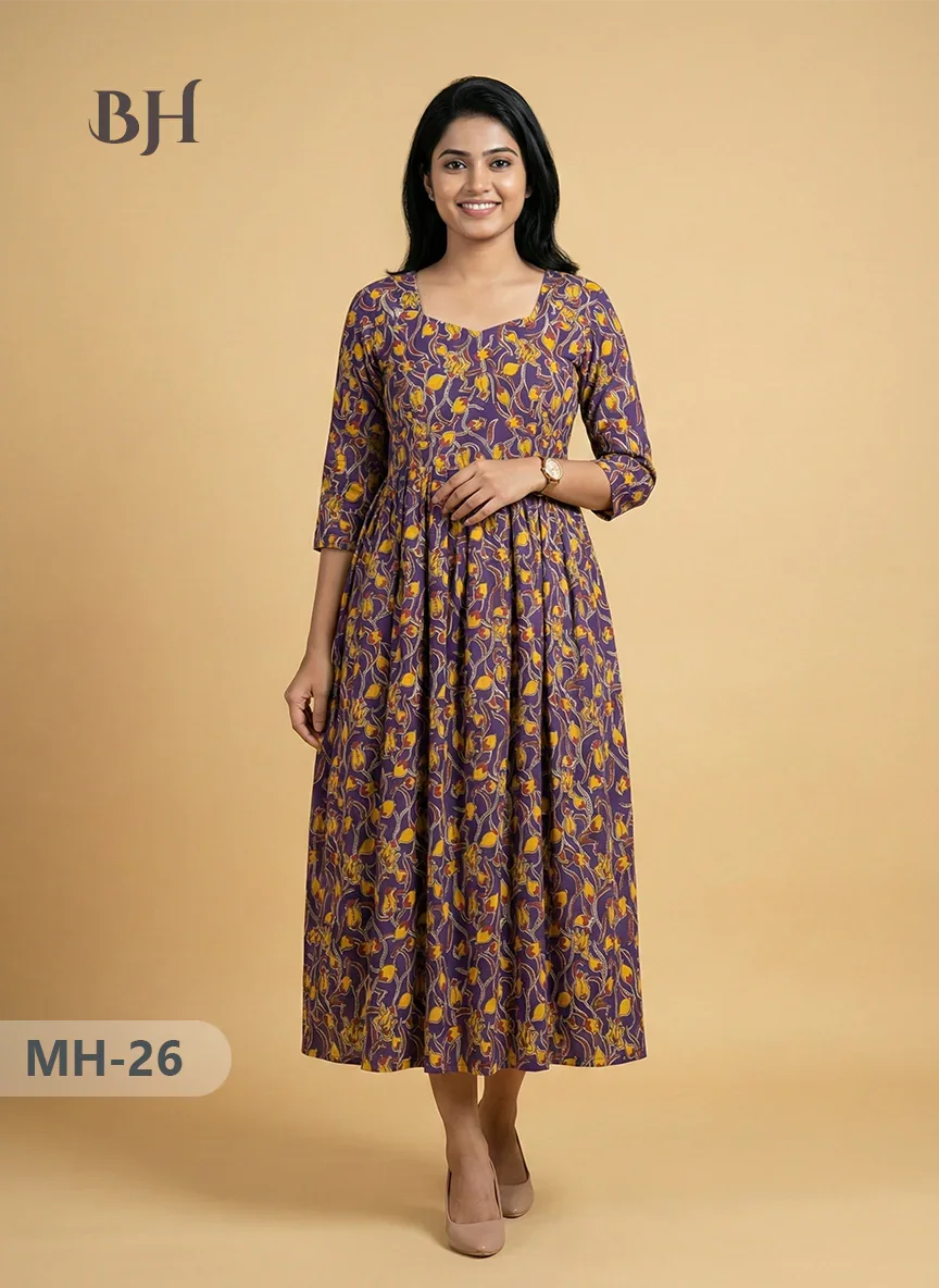 Kalamkari Design Frock – Violet Colour | Handloom Ethnic Wear with Half Lining