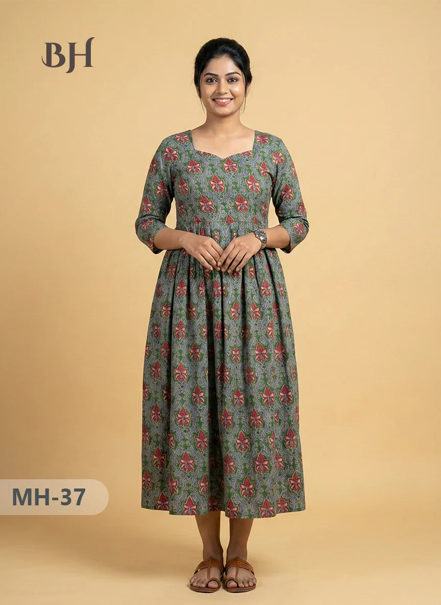 Kalamkari Design Frock – Green Colour | Handloom Ethnic Wear with Half Lining