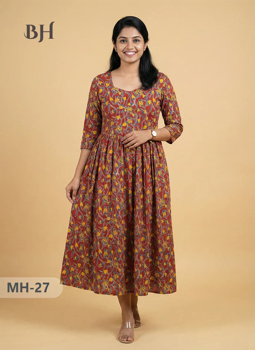 Kalamkari Design Frock – Red Colour | Handloom Ethnic Wear with Half Lining