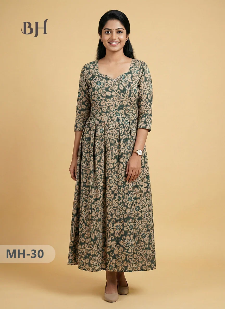 Kalamkari Design Frock – Sea Green Colour | Handloom Ethnic Wear with Half Lining