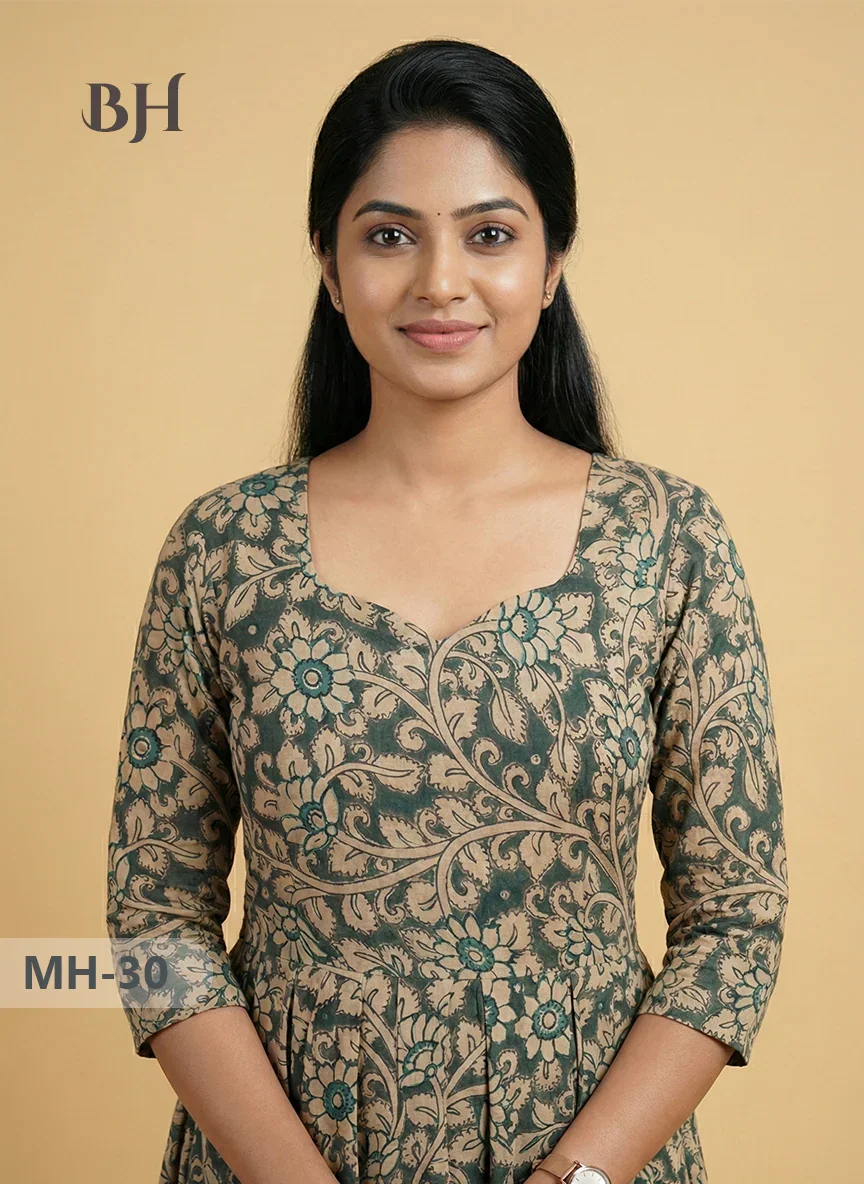 Kalamkari Design Frock – Sea Green Colour | Handloom Ethnic Wear with Half Lining