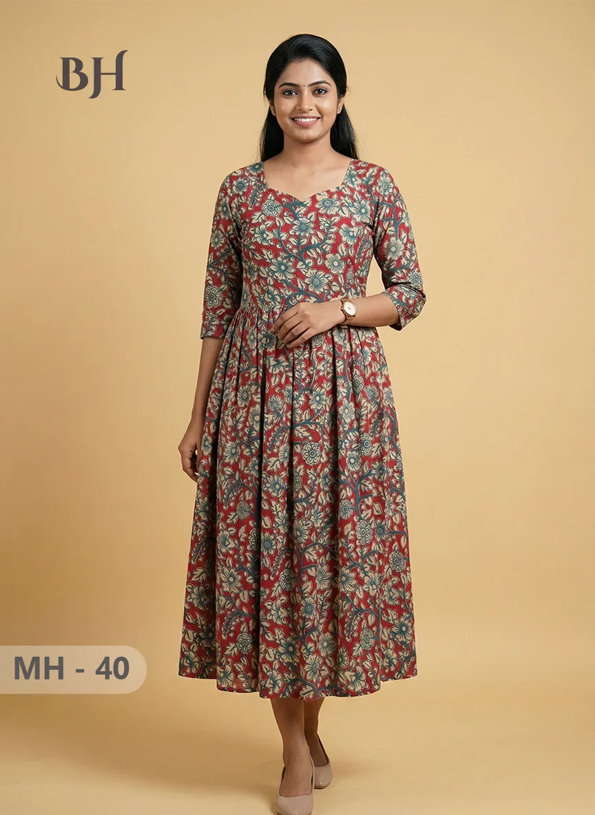 Kalamkari Design Frock – Red Colour | Handloom Ethnic Wear with Half Lining