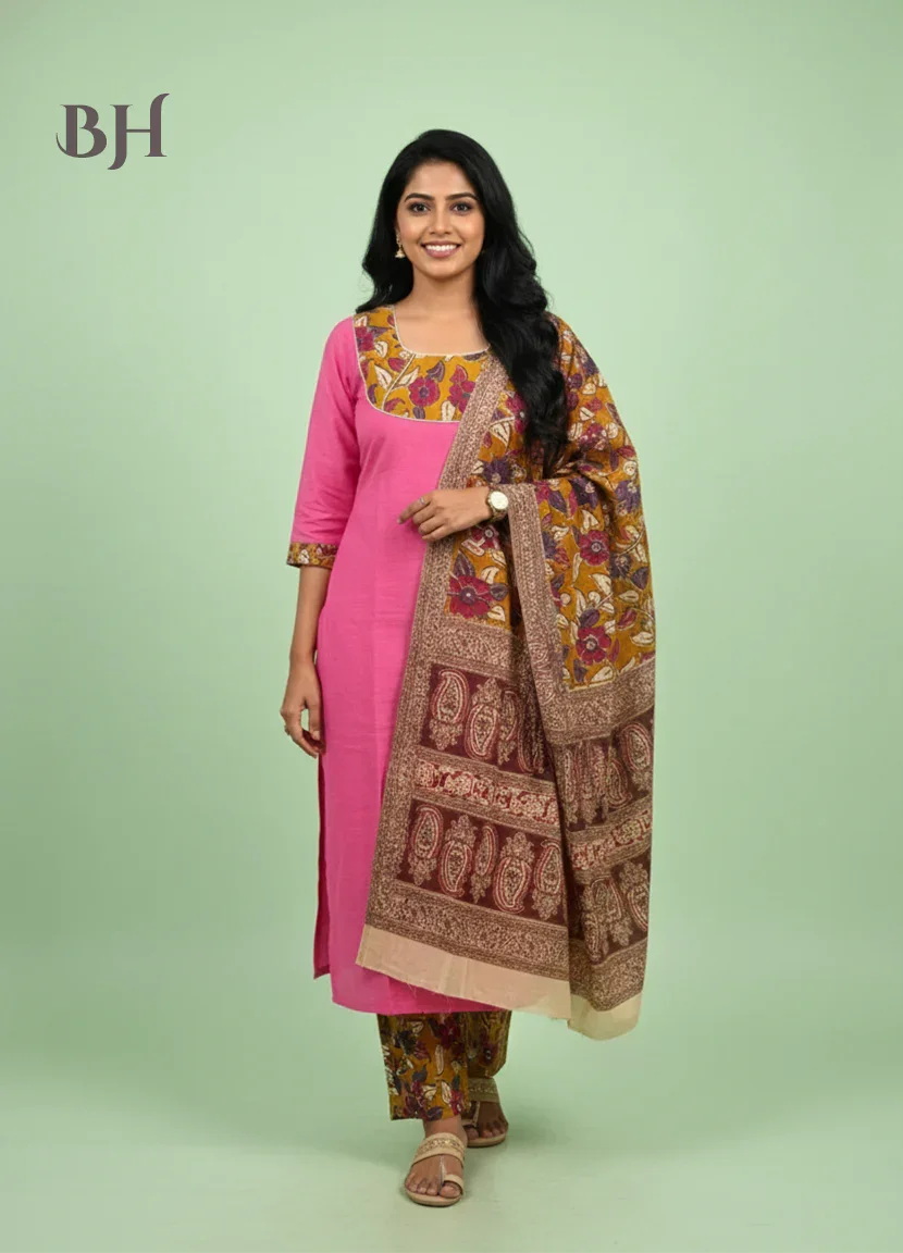 Kalamkari Cotton Readymade Straightcut Kurti Set with Rosy Pink Colour