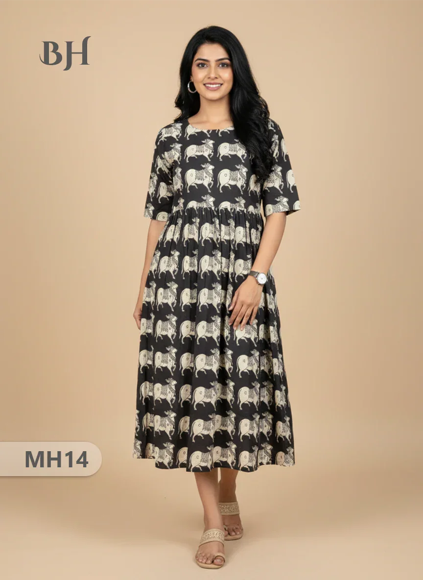 Kalamkari Pichwai Cow Design Frock – Black Colour | Handloom Ethnic Wear with Half Lining