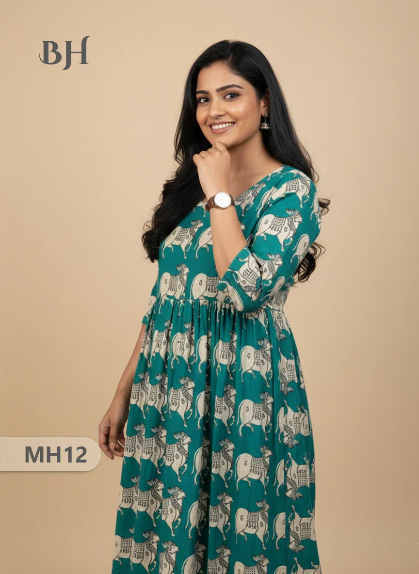 Kalamkari Pichwai Cow Design Frock – Teal Colour | Handloom Ethnic Wear with Half Lining
