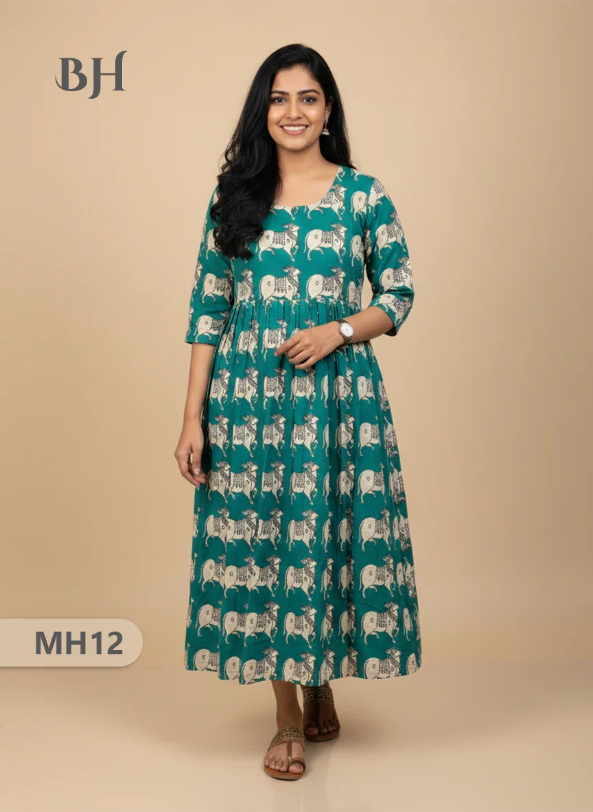 Kalamkari Pichwai Cow Design Frock – Teal Colour | Handloom Ethnic Wear with Half Lining