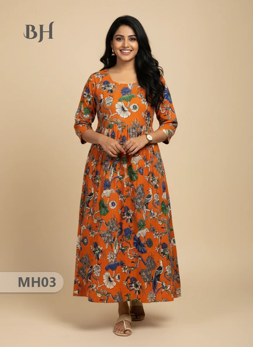 Kalamkari Design Frock – Orange Colour | Handloom Ethnic Wear with Half Lining