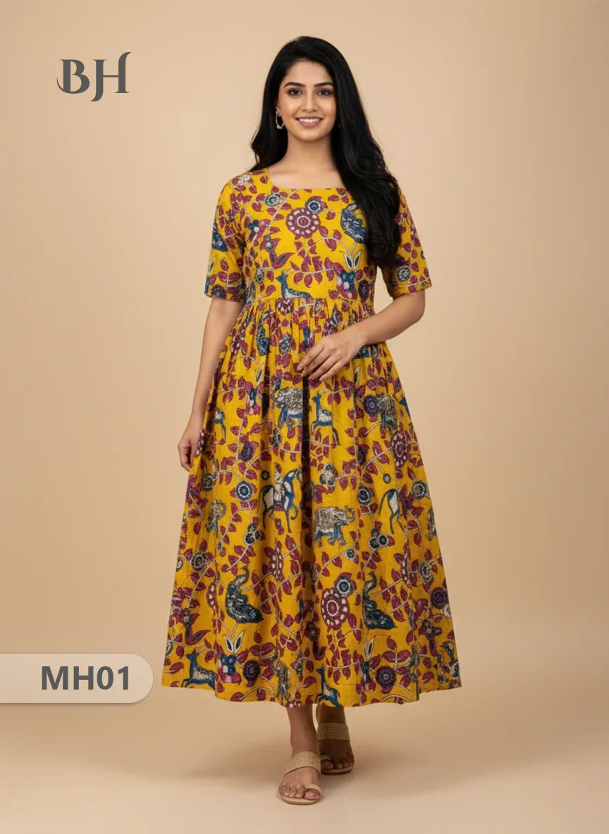 Kalamkari Design Frock – Yellow Colour | Handloom Ethnic Wear with Half Lining