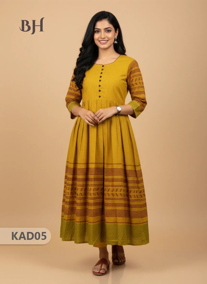 Khadi Cotton Frock Half Length with Lining – Yellow Colour | Comfortable & Stylish Handloom Dress