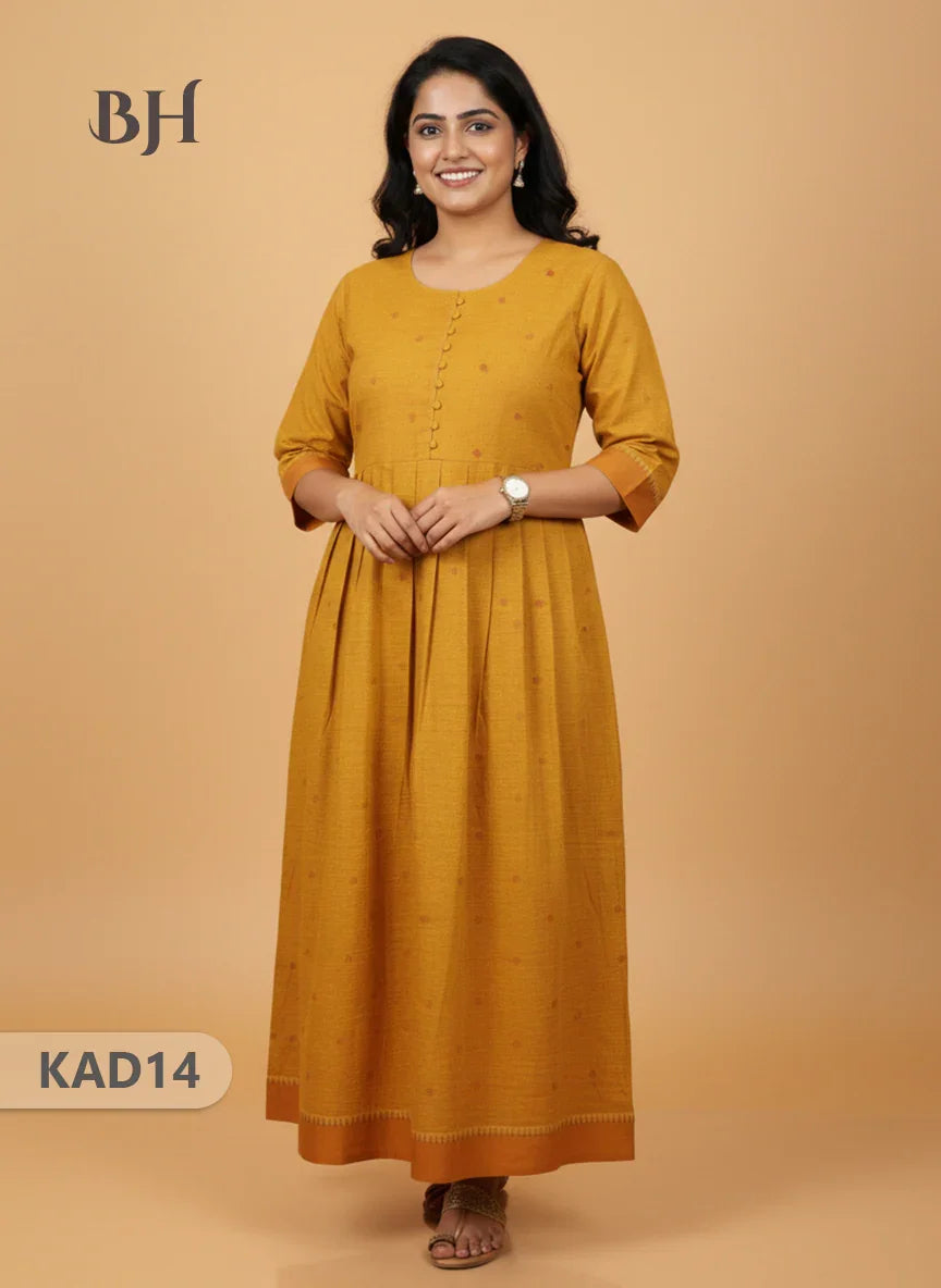 Khadi Cotton Frock Half Length with Lining – Yellow Colour | Comfortable & Stylish Handloom Dress
