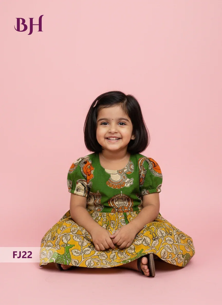 Green Cotton Printed Baby Frocks – Latest Kids Wear Collection | Bhavana Handlooms