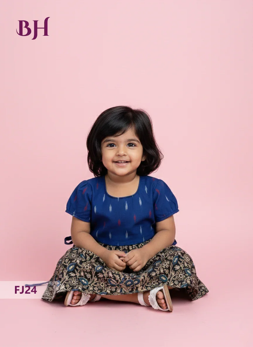 Blue & Black Cotton Printed Baby Frocks – Latest Kids Wear Collection | Bhavana Handlooms