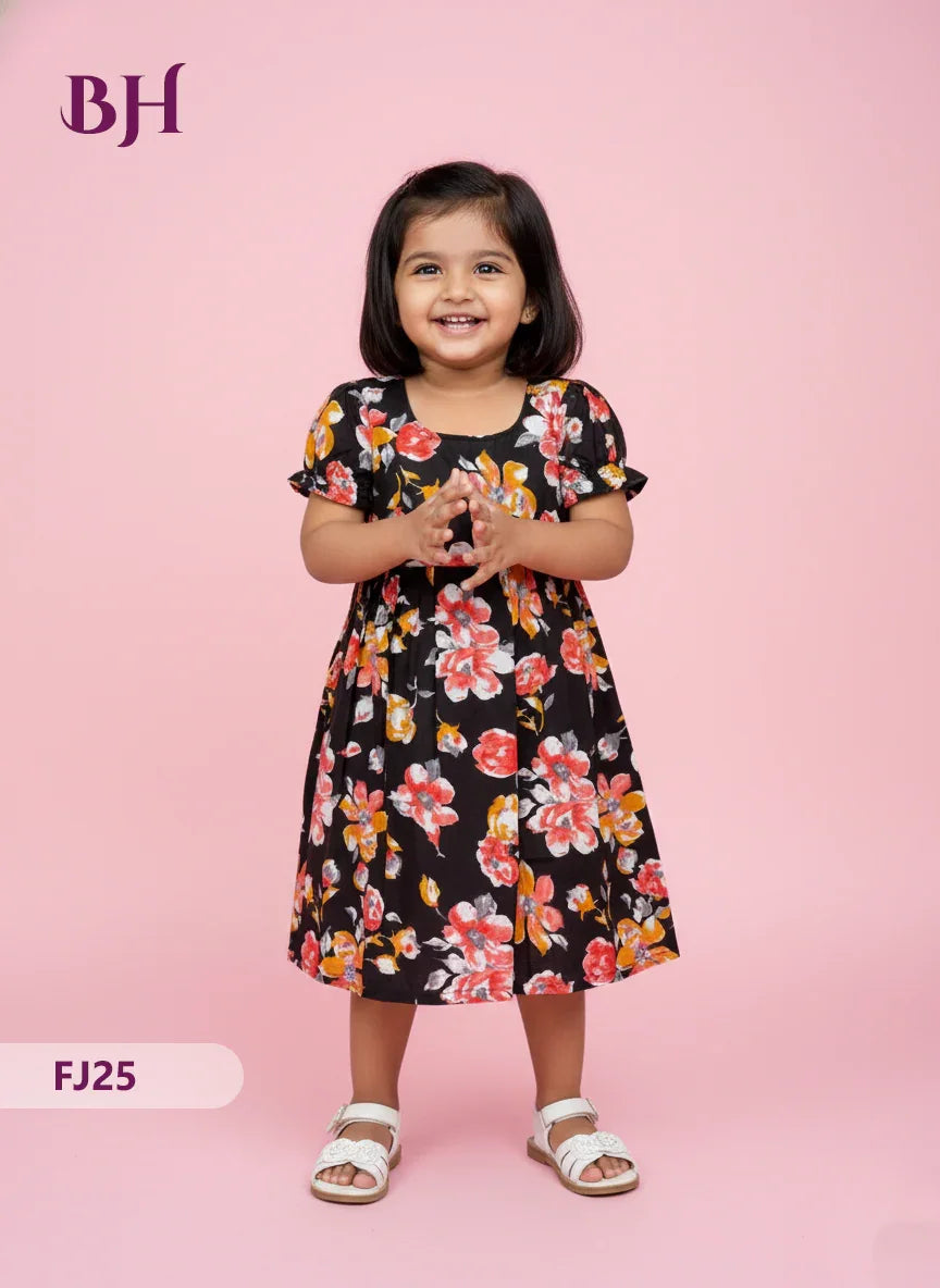 Black Color Cotton Printed Baby Frocks – Latest Kids Wear Collection | Bhavana Handlooms