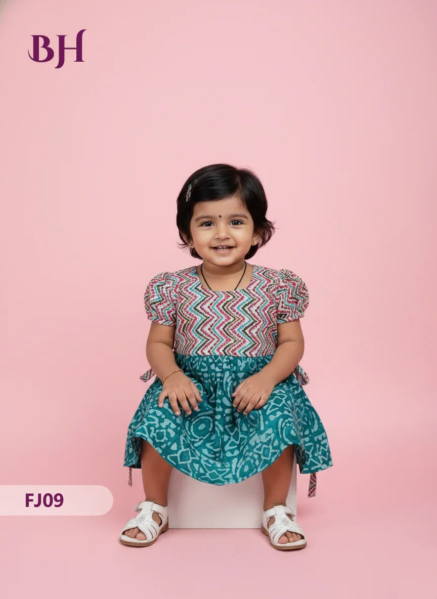 Sea Green Cotton Printed Baby Frocks – Latest Kids Wear Collection | Bhavana Handlooms