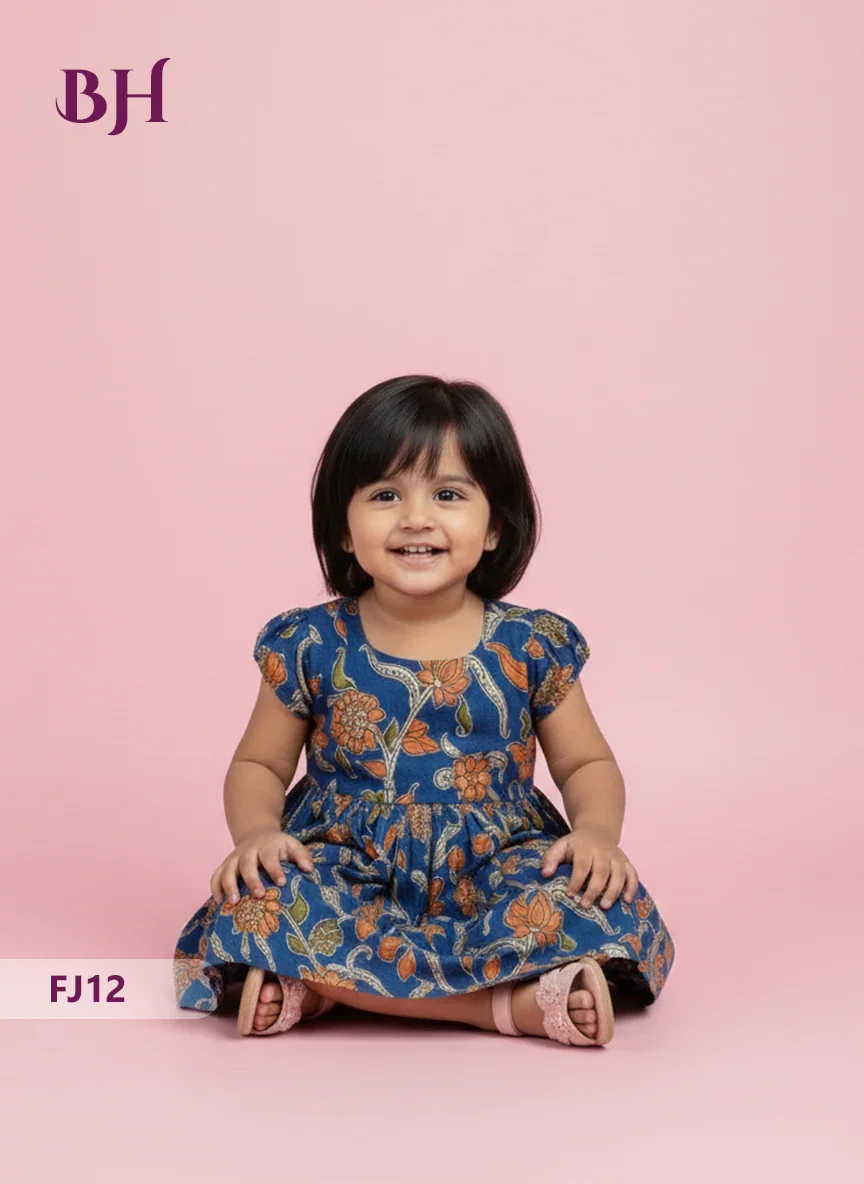 Blue Cotton Printed Baby Frocks – Latest Kids Wear Collection | Bhavana Handlooms