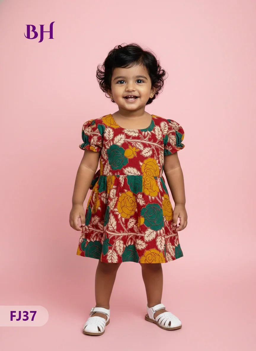Red Cotton Printed Baby Frocks – Latest Kids Wear Collection | Bhavana Handlooms