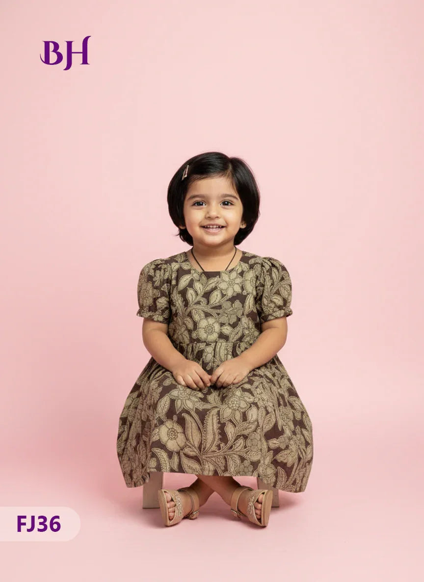 Dark Brown Cotton Printed Baby Frocks – Latest Kids Wear Collection | Bhavana Handlooms