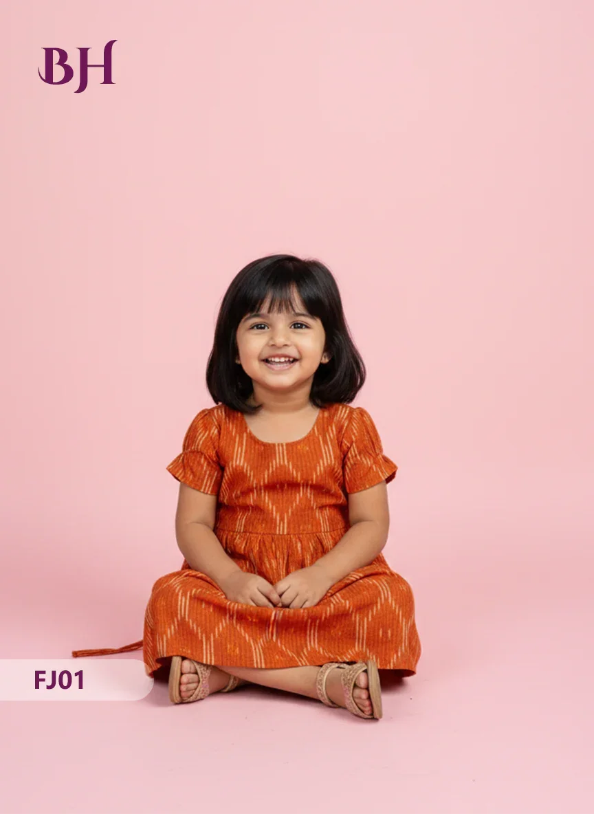 Brick Color Cotton Printed Baby Frocks – Latest Kids Wear Collection | Bhavana Handlooms