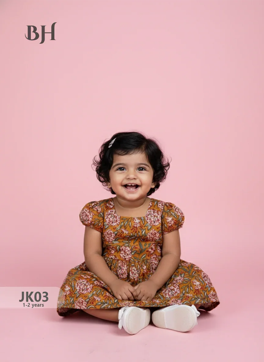 Mustard Cotton Printed Baby Frocks – Latest Kids Wear Collection | Bhavana Handlooms