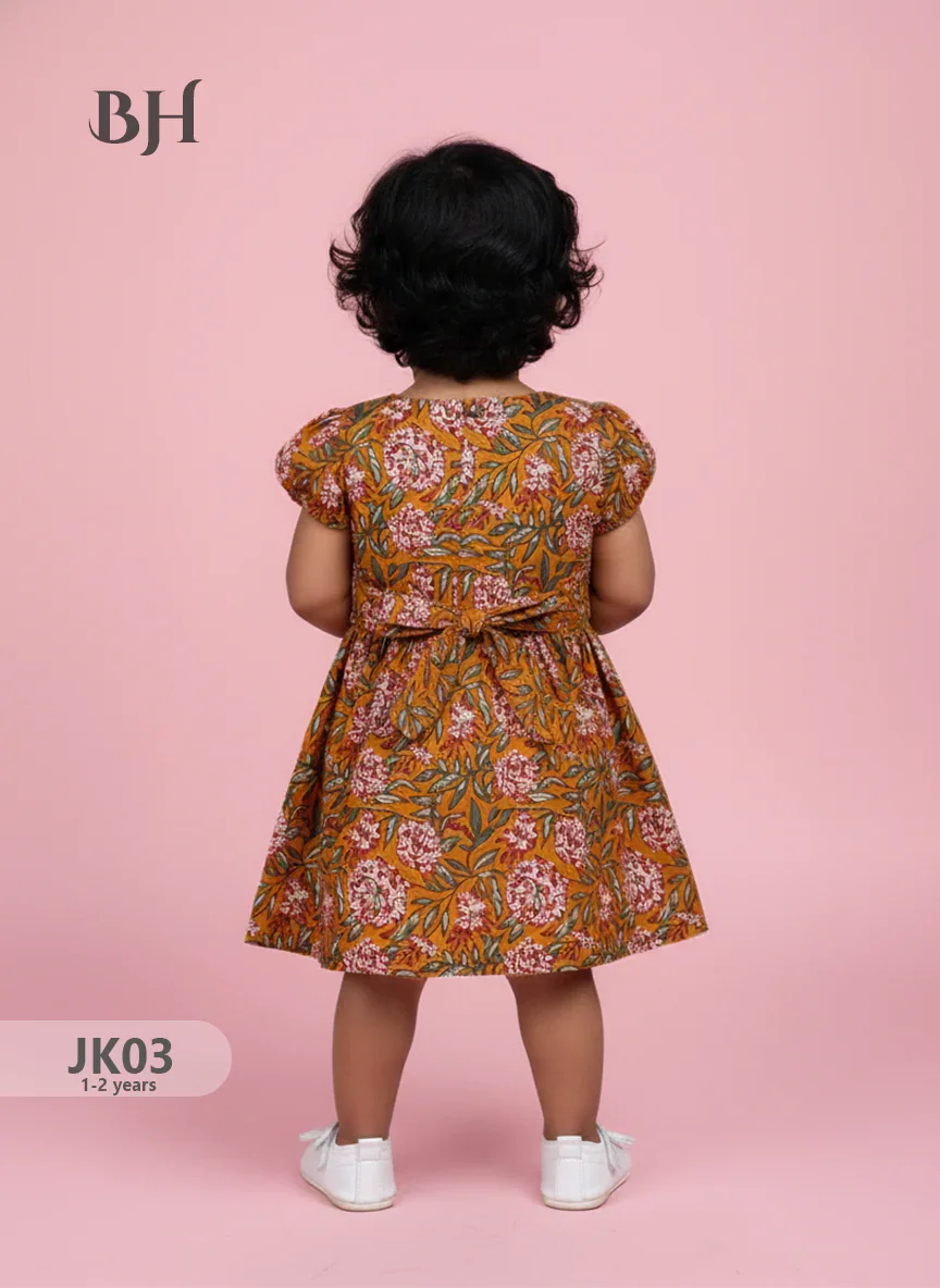 Mustard Cotton Printed Baby Frocks – Latest Kids Wear Collection | Bhavana Handlooms