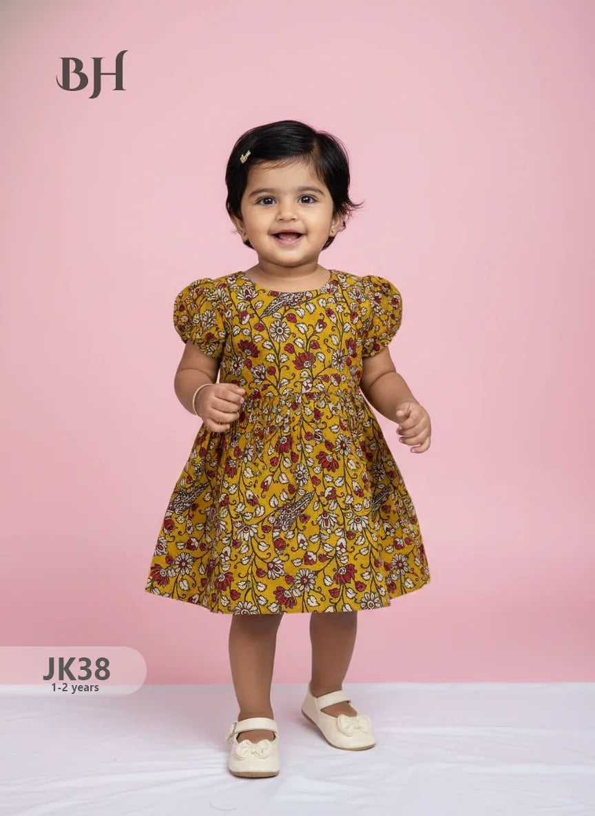 Yellow Cotton Printed Baby Frocks – Latest Kids Wear Collection | Bhavana Handlooms