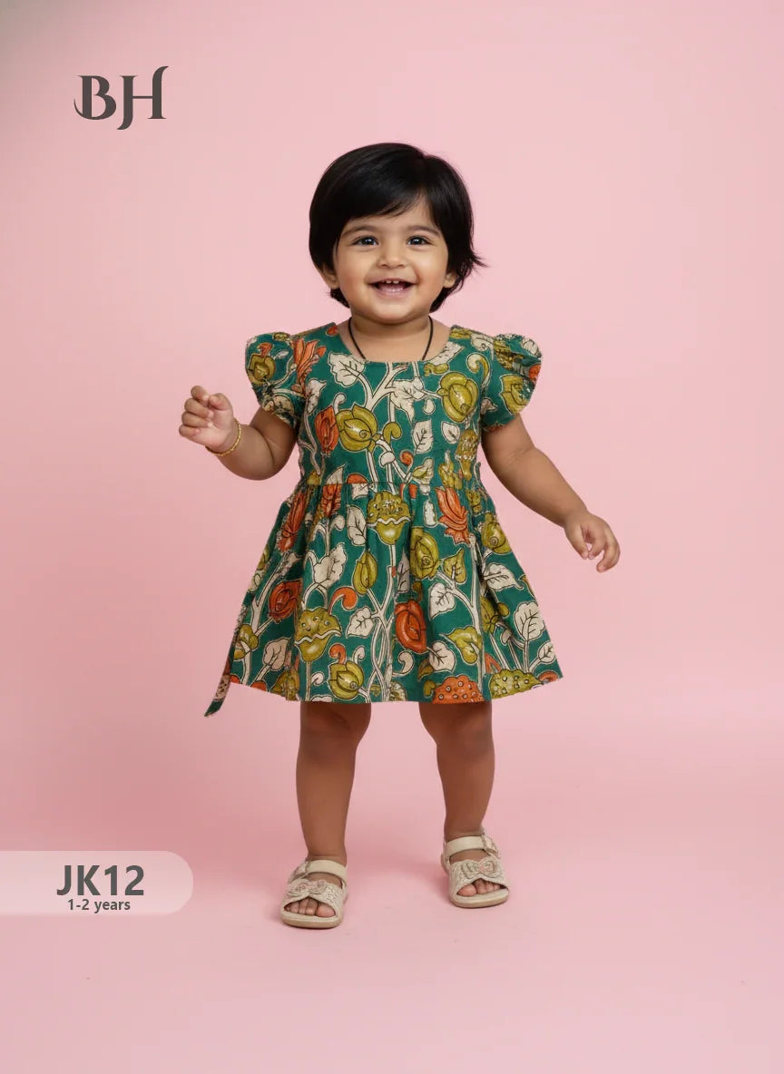Green Cotton Printed Baby Frocks – Latest Kids Wear Collection | Bhavana Handlooms
