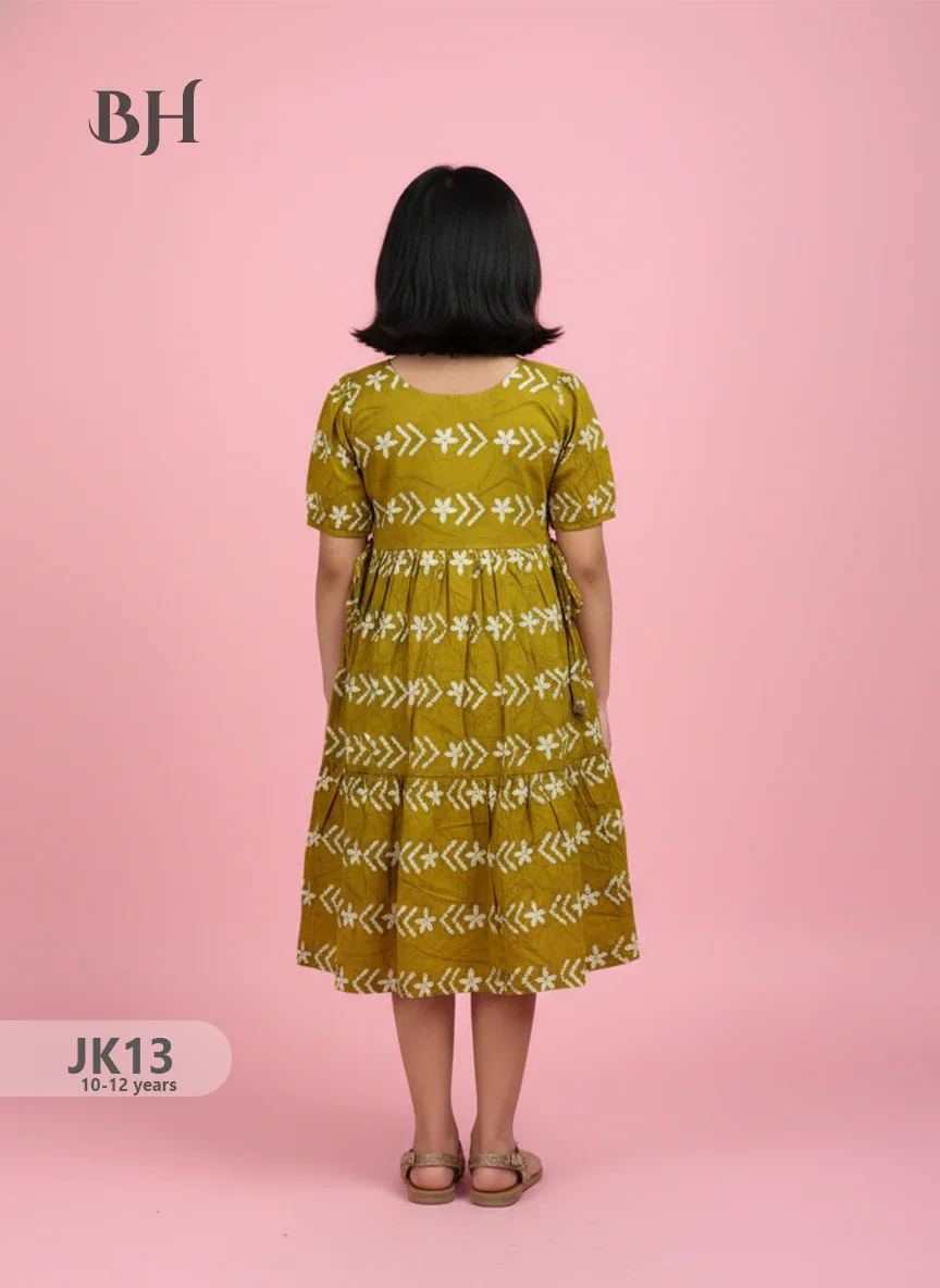 Gold Yellow Cotton Printed Baby Frocks – Latest Kids Wear Collection | Bhavana Handlooms