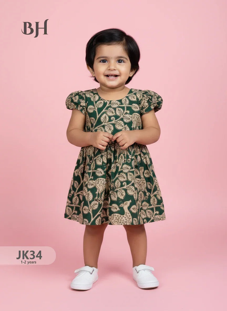 Green Cotton Printed Baby Frocks – Latest Kids Wear Collection | Bhavana Handlooms