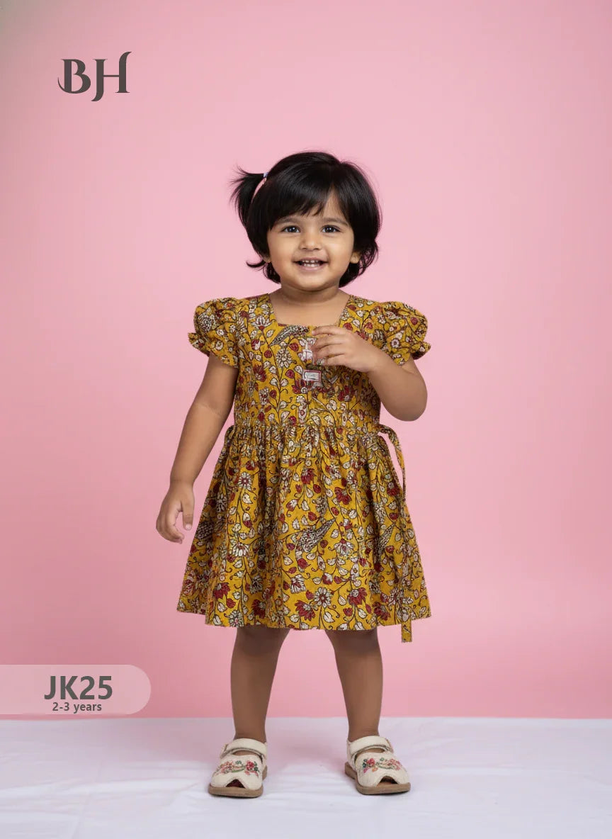 Yellow Cotton Printed Baby Frocks – Latest Kids Wear Collection | Bhavana Handlooms