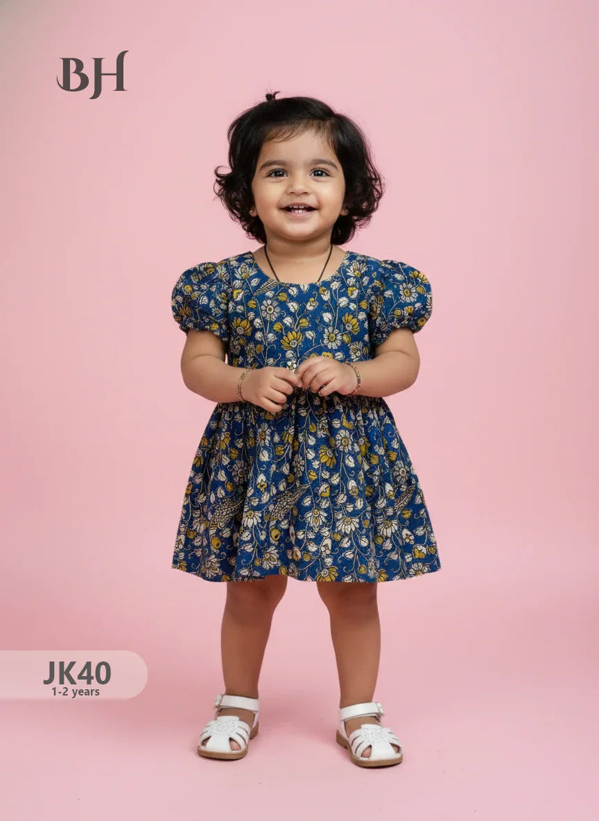 Blue Cotton Printed Baby Frocks – Latest Kids Wear Collection | Bhavana Handlooms
