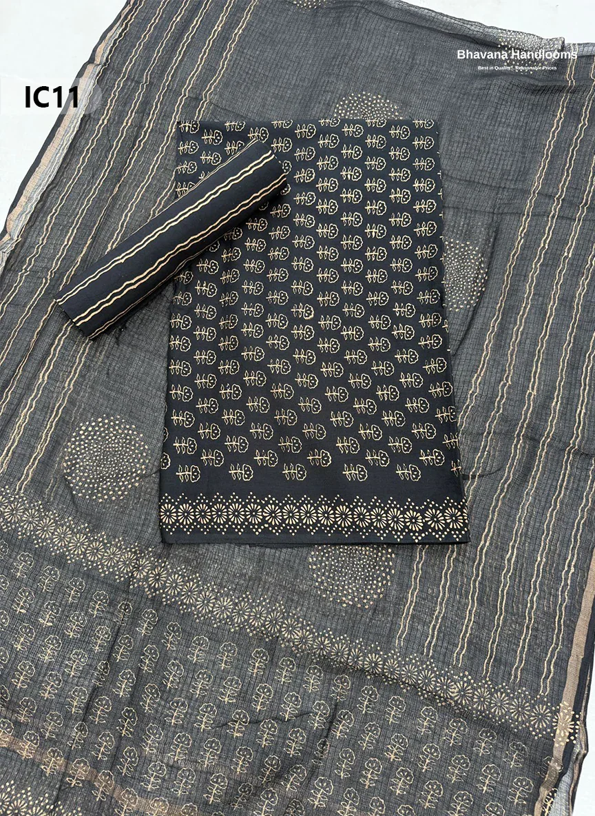 Premium Jaipur Cotton Dress Material with Soft Kota Dupatta with Black Colour Top