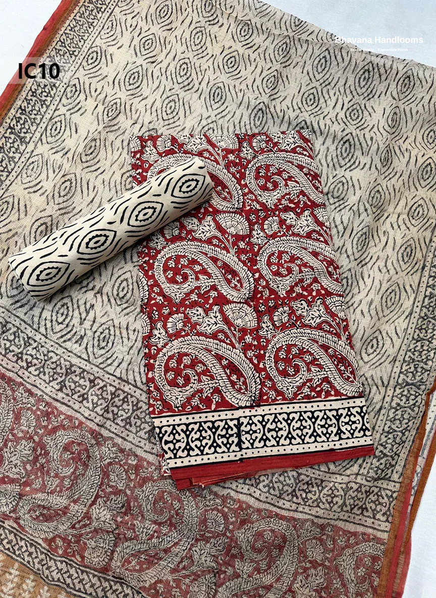 Premium Jaipur Cotton Dress Material with Soft Kota Dupatta with Red Colour Top