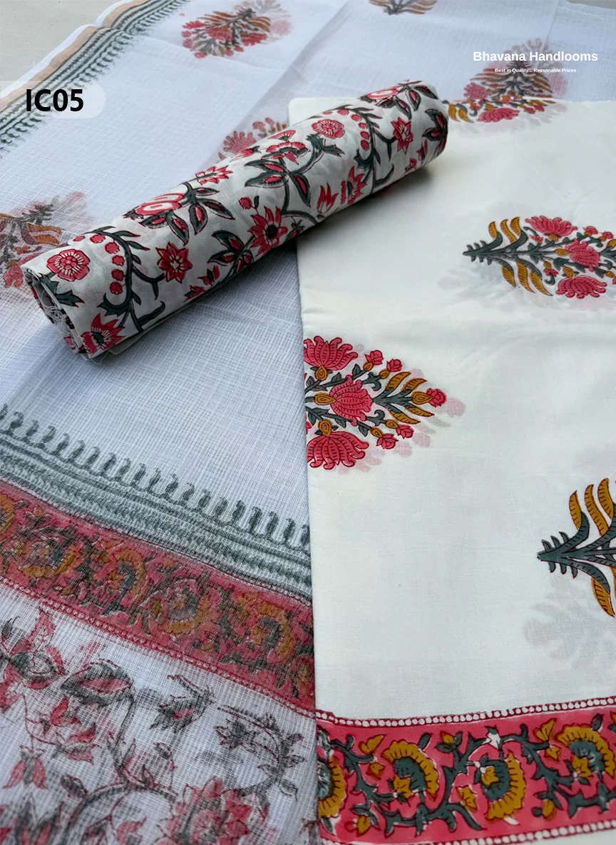 Premium Jaipur Cotton Dress Material with Soft Kota Dupatta with White and Red Colour Top