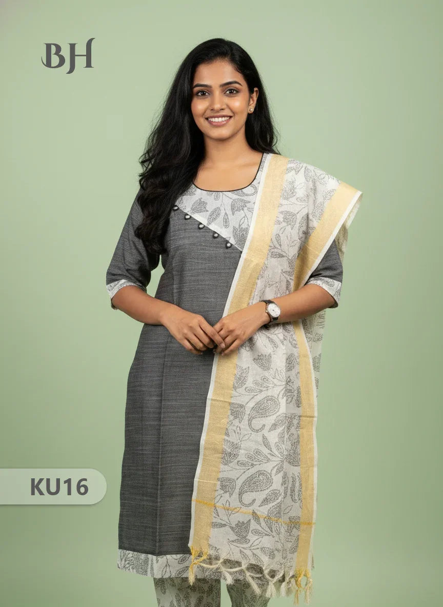 Gray Stitched 3 Piece Kurti Set with Full Length Lining – Traditional Wear for Women