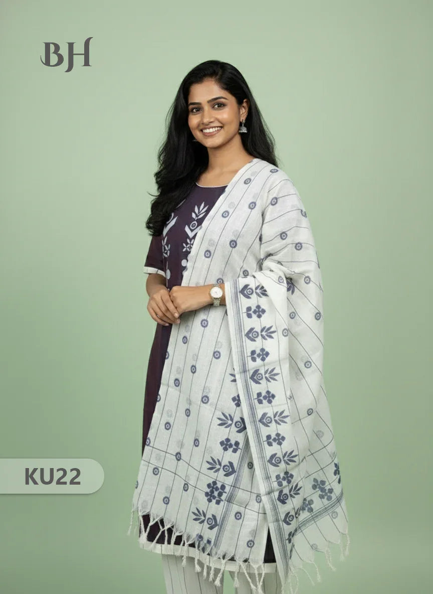 Pure Cotton Stitched 3 Piece Kurti Set with Full Length Lining – Sky Blue & Brown Double weaving