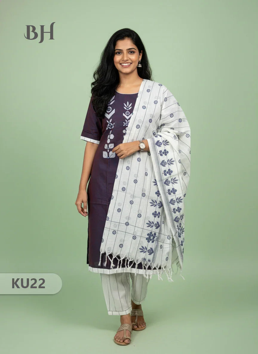 Pure Cotton Stitched 3 Piece Kurti Set with Full Length Lining – Sky Blue & Brown Double weaving
