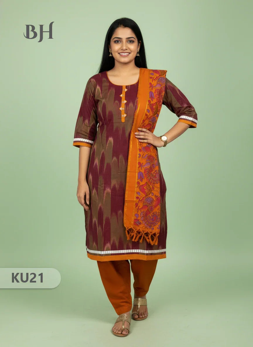 Brick Stitched 3 Piece Kurti Set with Full Length Lining – Traditional Wear for Women