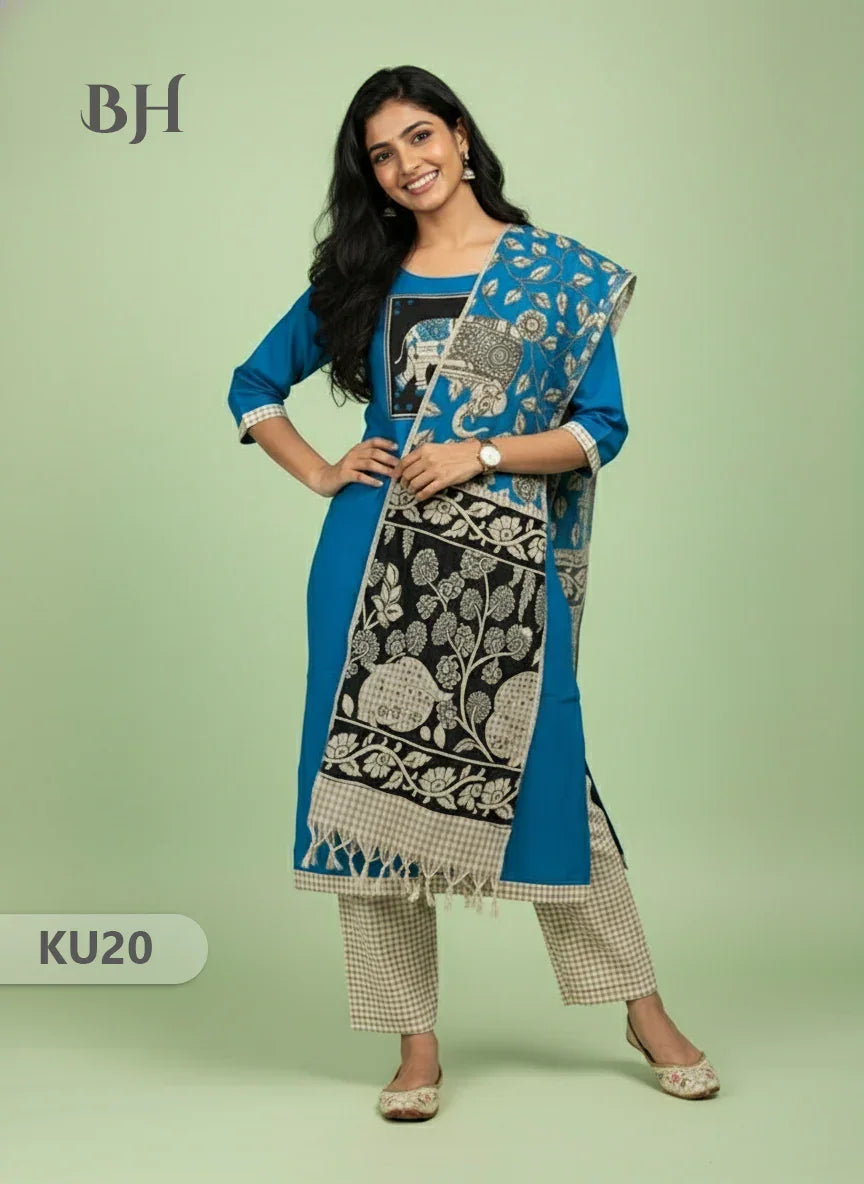 Blue Stitched 3 Piece Kurti Set with Full Length Lining – Traditional Wear for Women