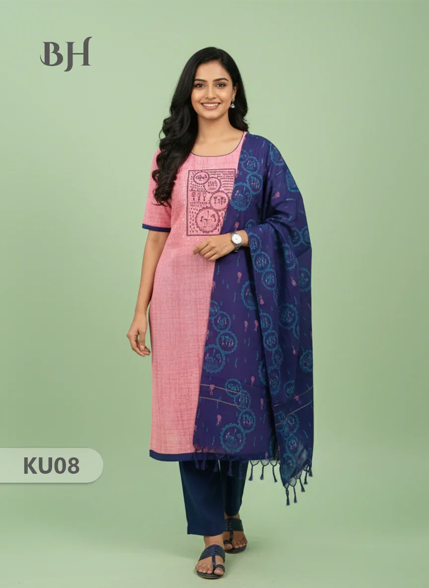 Cotton Readymade Straightcut Kurti Set with Pink Colour