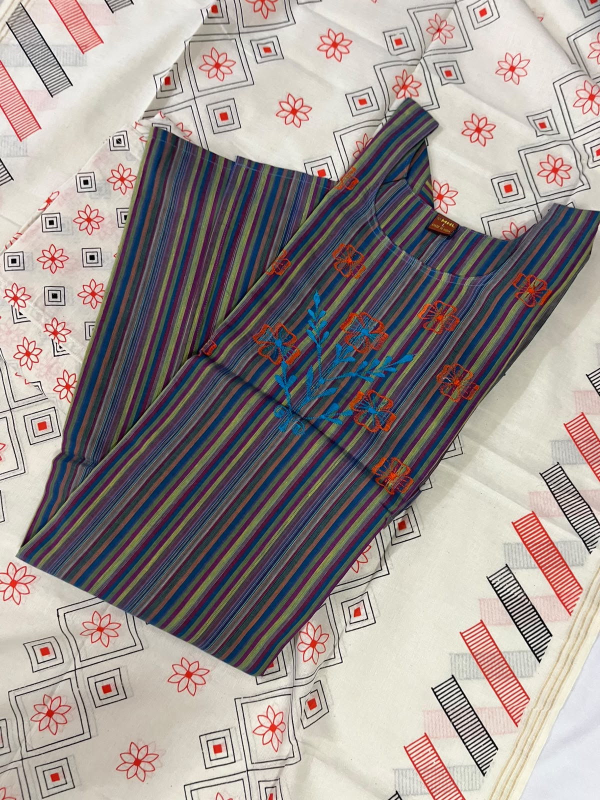 Premium Multicolor Cotton 3PC Kurti Set with Embroidered Design | Ready to Wear