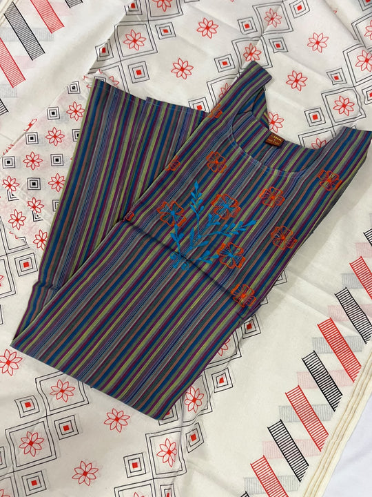 Premium Multicolor Cotton 3PC Kurti Set with Embroidered Design | Ready to Wear