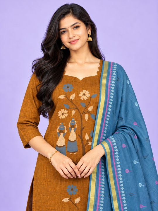 Traditional Gollabhama Print Cotton 3PC Kurti Set in Mustard Brown & Steel Blue | Cut Work Neck Design | Free Style Bottom | Ready to Wear