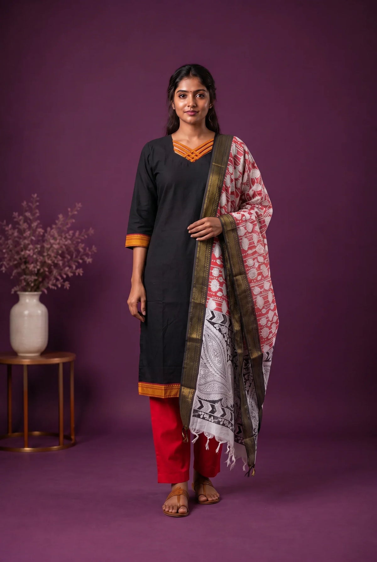 Premium Mangalagiri 3PC Kurti Set with Boutique Style Neck Design & Kalamkari Dupatta | Black Colour | Ready to Wear