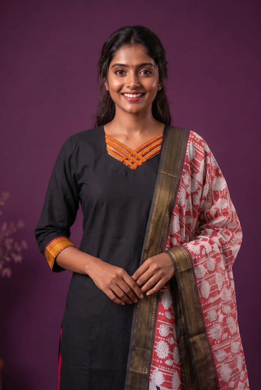 Premium Mangalagiri 3PC Kurti Set with Boutique Style Neck Design & Kalamkari Dupatta | Black Colour | Ready to Wear