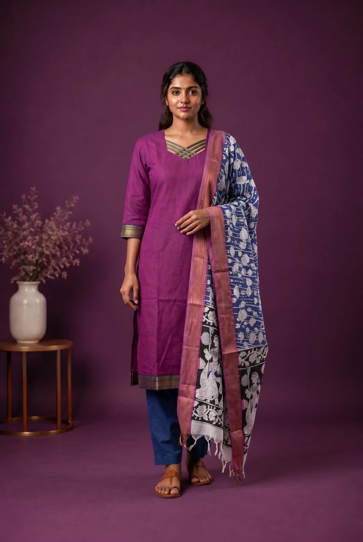 Premium Mangalagiri 3PC Kurti Set with Boutique Style Neck Design & Kalamkari Dupatta | Rani Pink Colour | Ready to Wear