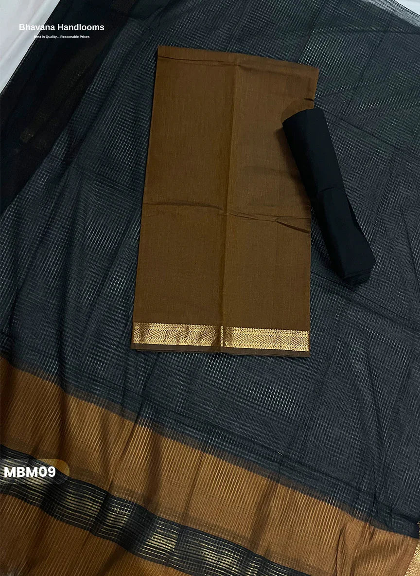 Mangalagiri Cotton Dress Material with Missing Checks Dupatta – Premium Unstitched Suit Set Coffee Brown