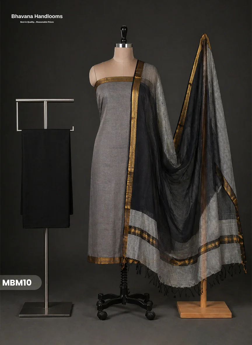 Mangalagiri Cotton Dress Material with Missing Checks Dupatta – Premium Unstitched Suit Set Gray Colour