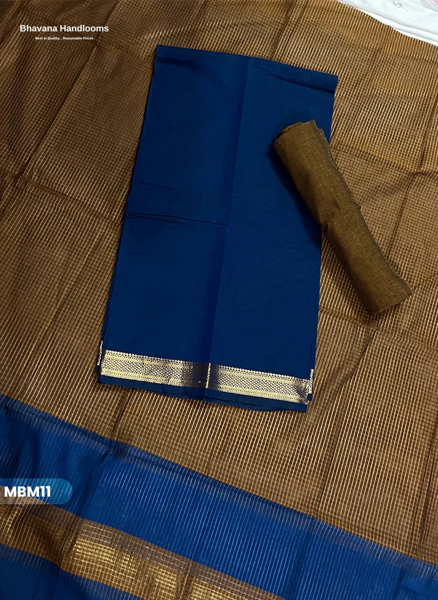 Mangalagiri Cotton Dress Material with Missing Checks Dupatta – Premium Unstitched Suit Set Classic Blue