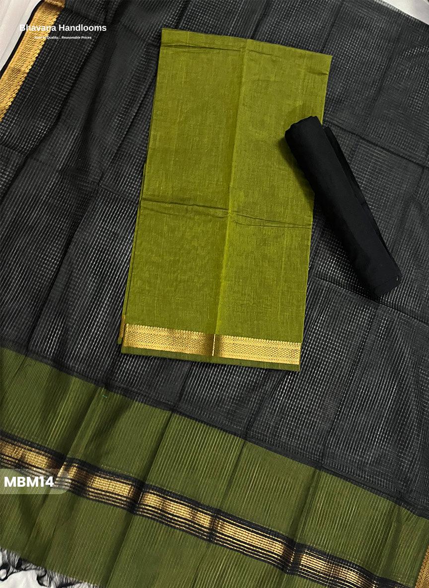 Mangalagiri Cotton Dress Material with Missing Checks Dupatta – Premium Unstitched Suit Set olive green