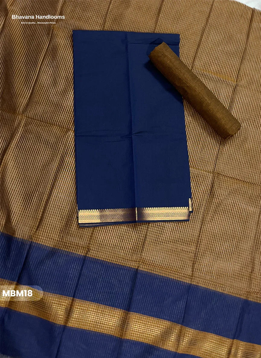 Mangalagiri Cotton Dress Material with Missing Checks Dupatta – Premium Unstitched Suit Set Deep Royal Blue